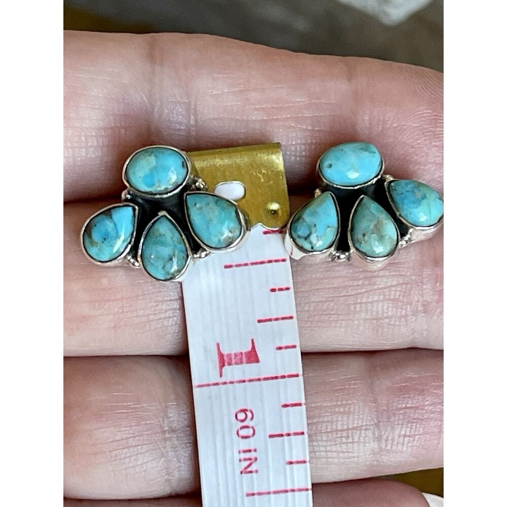 Native American Style Sterling Silver Turquoise Cluster Earrings Southwest Boho - Picture 5 of 9